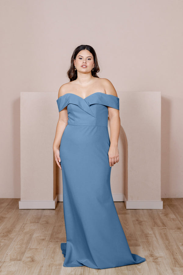 Revelry Sample Dusty Blue Bardot Crepe Dress