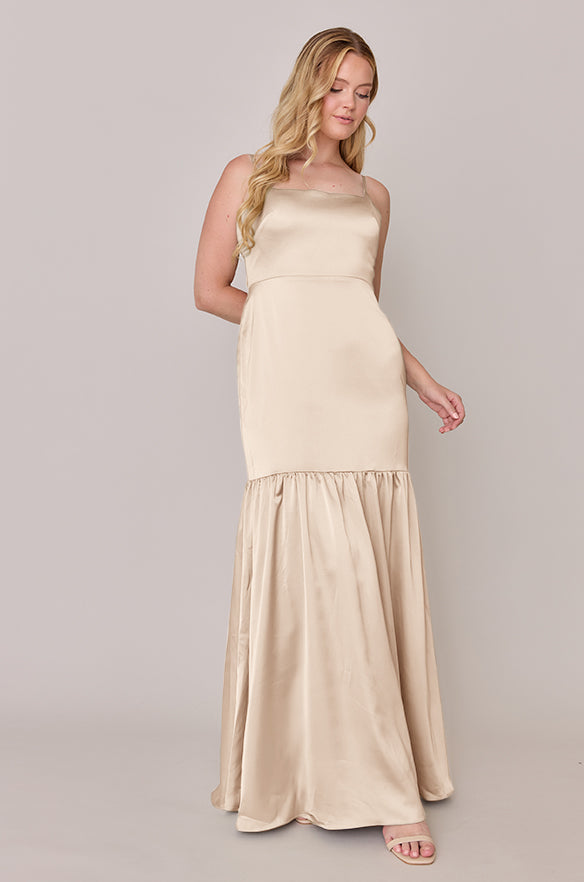 revelry Sample Gold Champagne Astrid Satin Dress