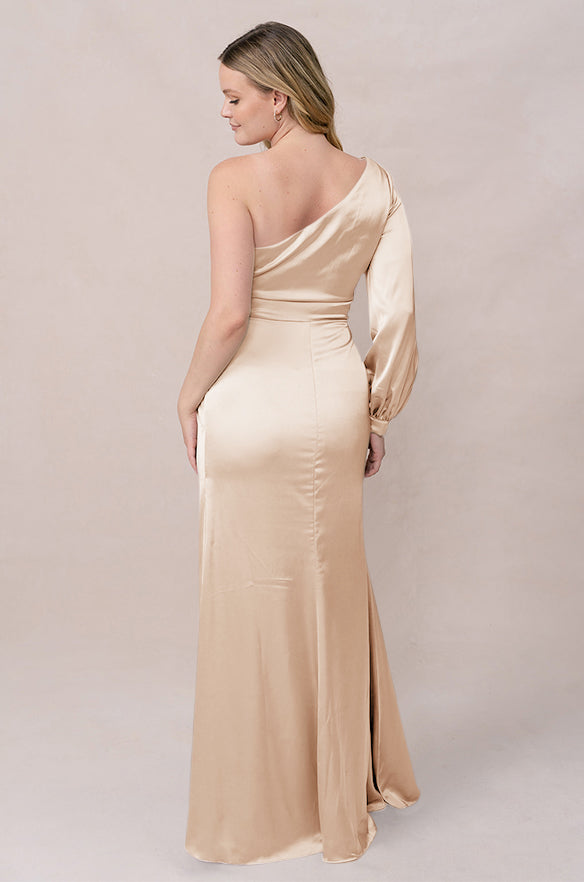 Revelry Sample Gold Champagne Aurora Satin Dress