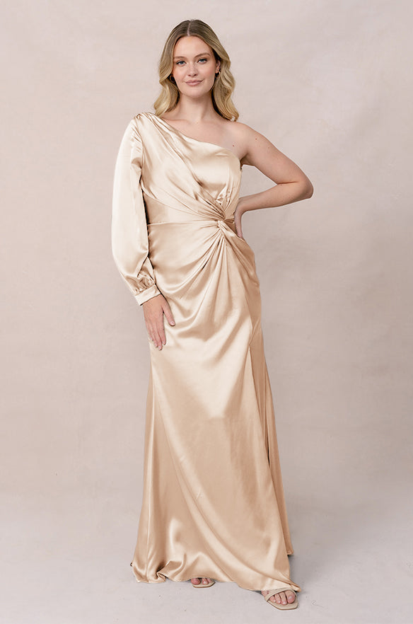 revelry Sample Gold Champagne Aurora Satin Dress
