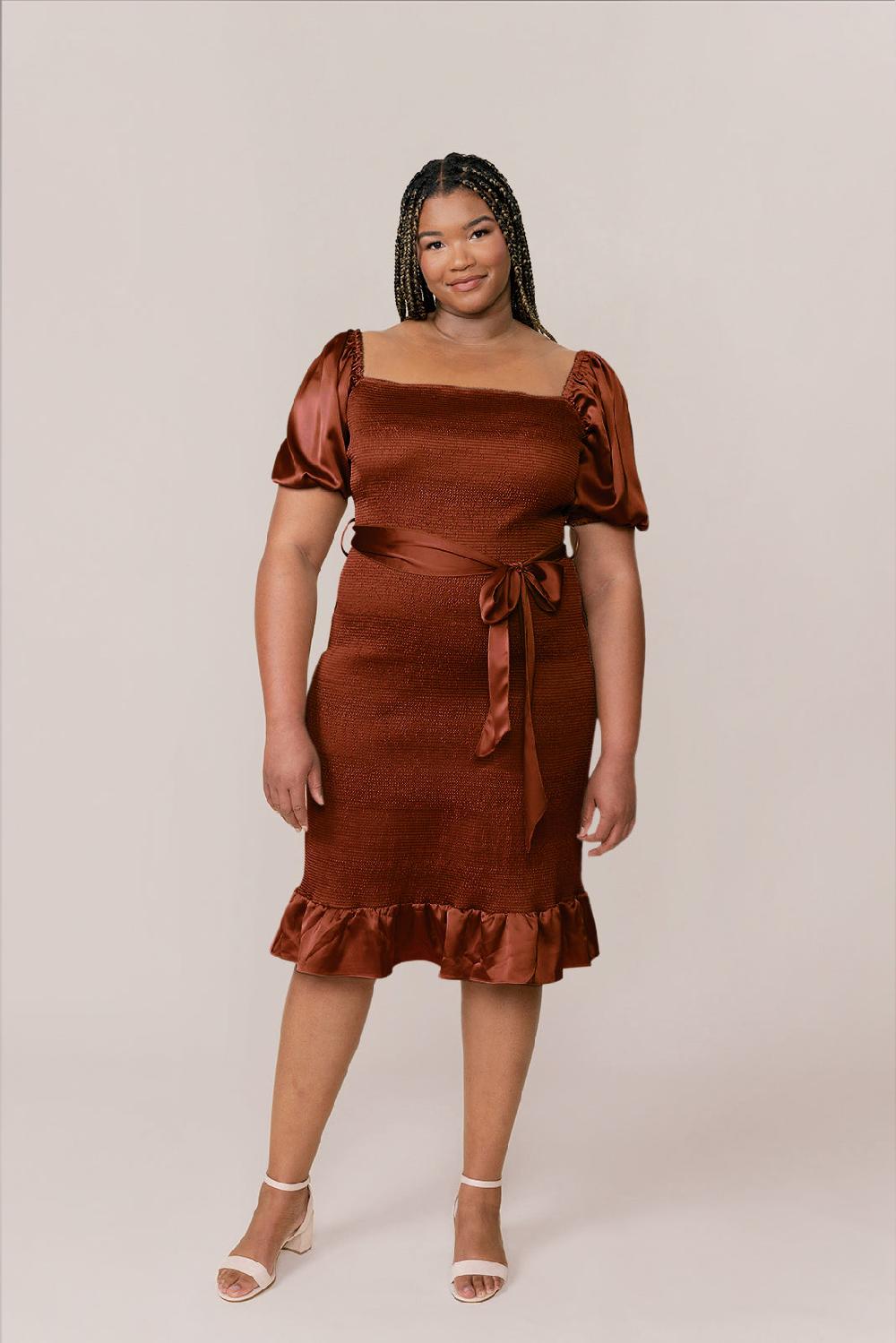 revelry Sample Rust Dallas Satin Shirring Dress