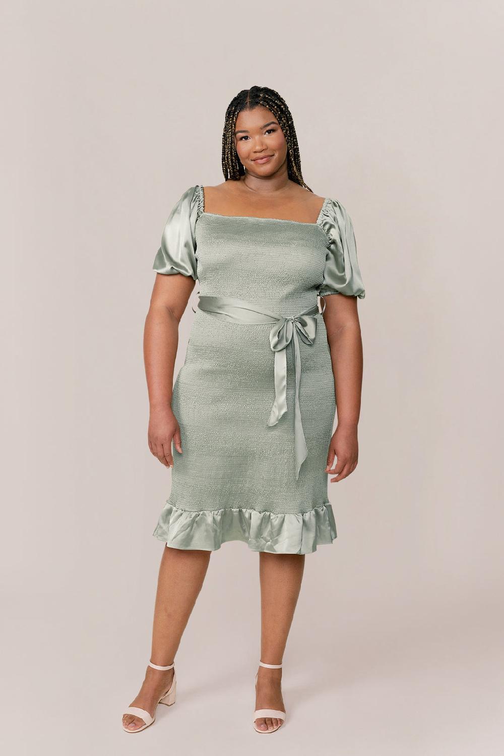 revelry Sample Sage Dallas Satin Shirring Dress