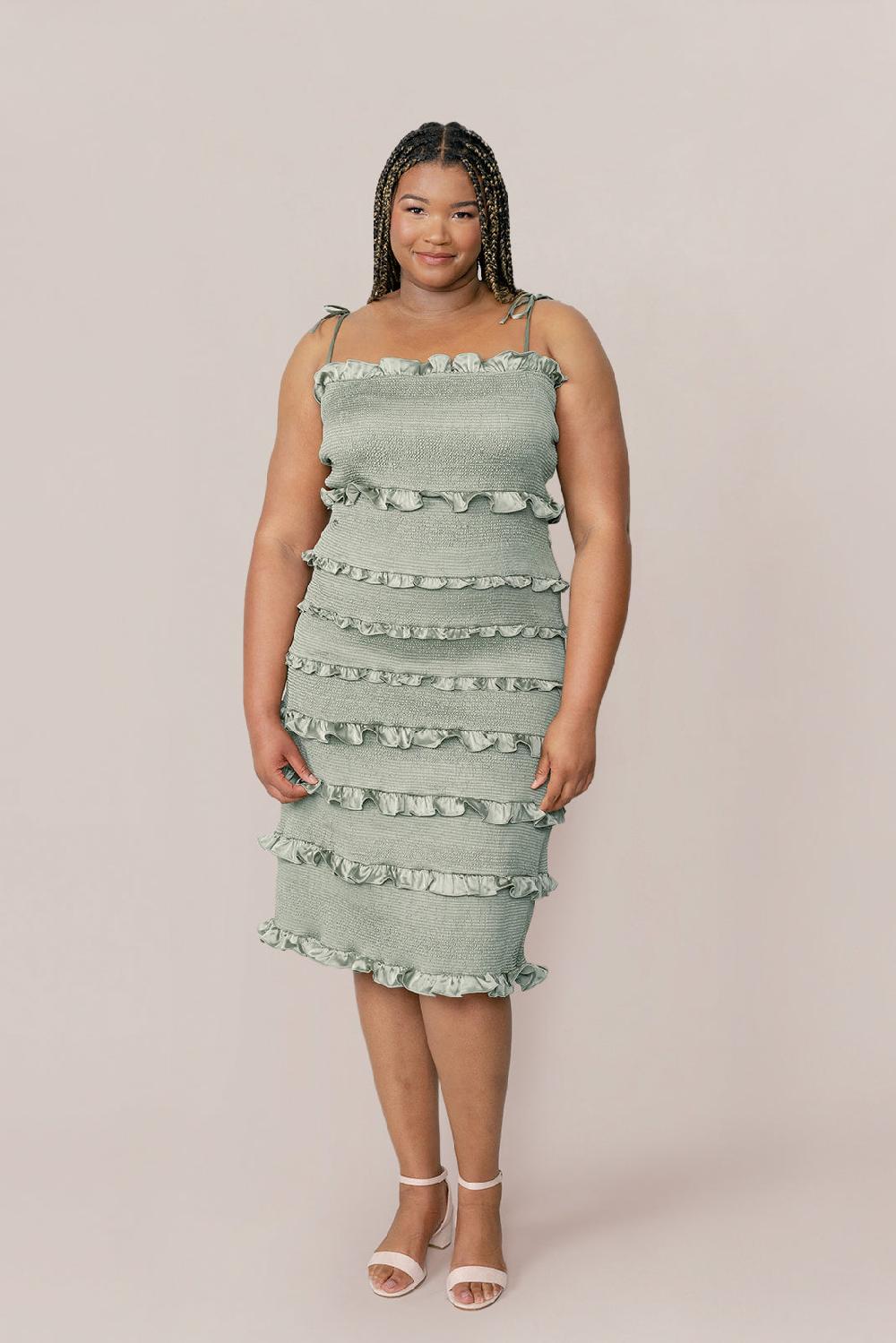 revelry Sample Sage Natalia Satin Shirring Dress