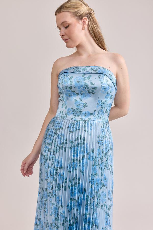 Revelry Saylor Satin Pleated Floral Print Dress