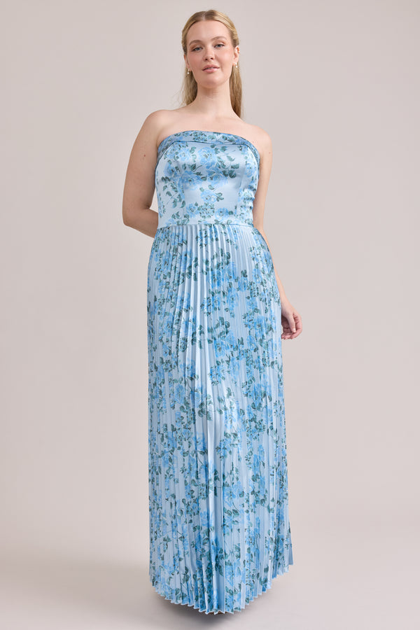 Revelry Saylor Satin Pleated Floral Print Dress