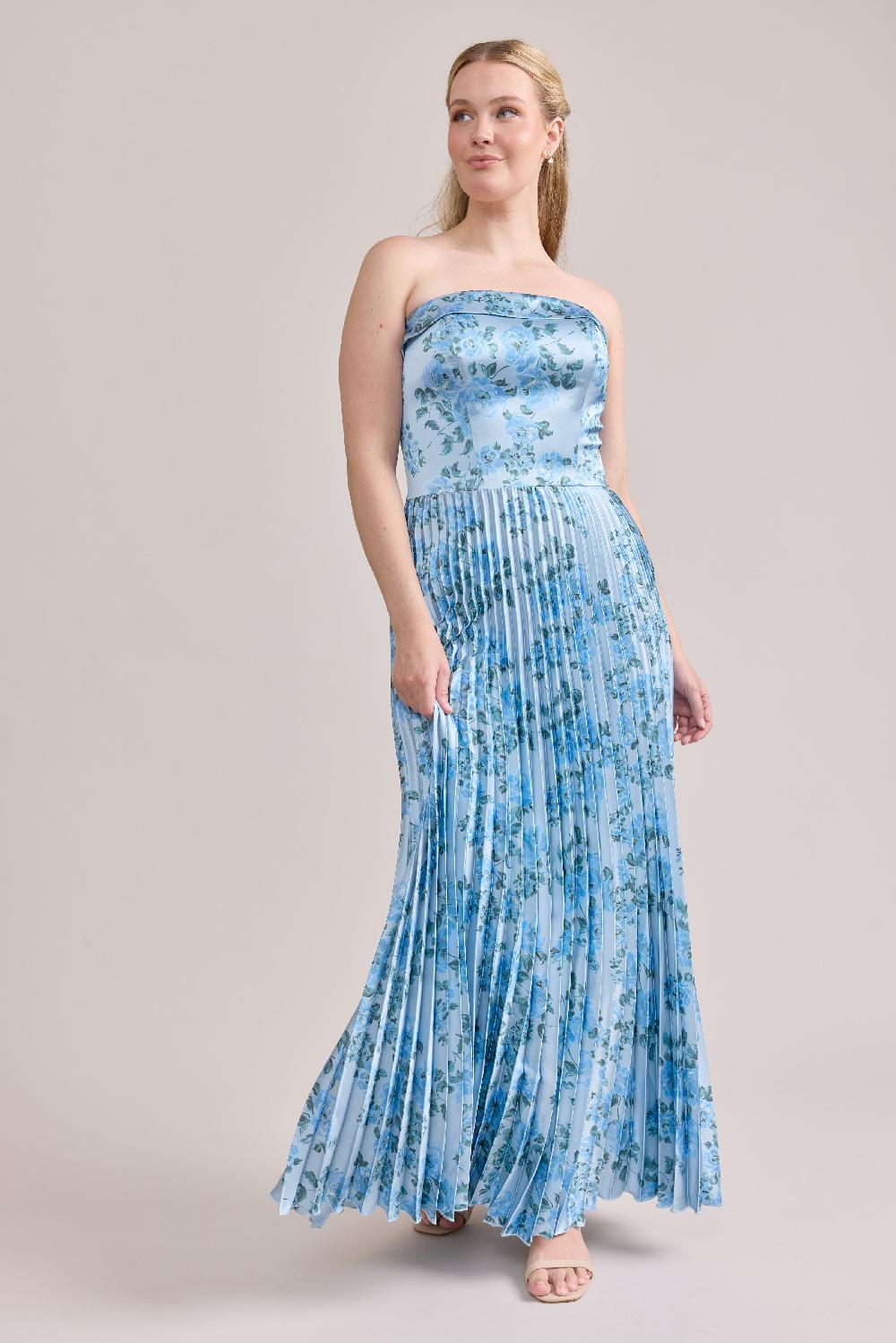 revelry Saylor Satin Pleated Floral Print Dress