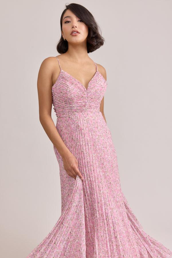 Revelry Vivian Chiffon Pleated Floral Print Dress