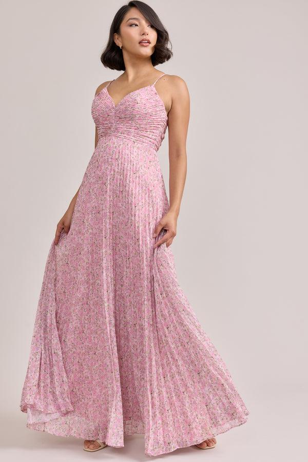 Revelry Vivian Chiffon Pleated Floral Print Dress