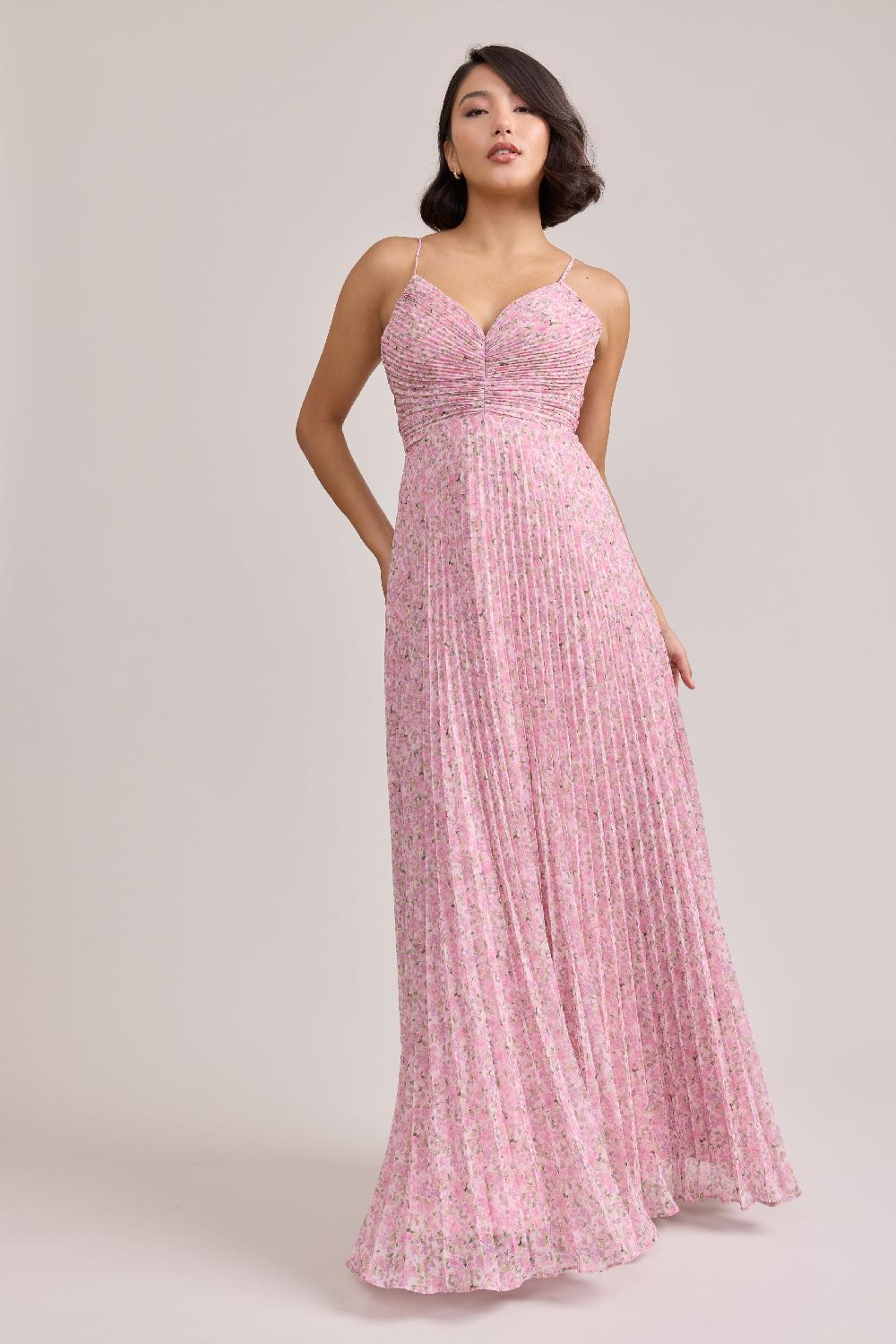 revelry Vivian Chiffon Pleated Floral Print Dress