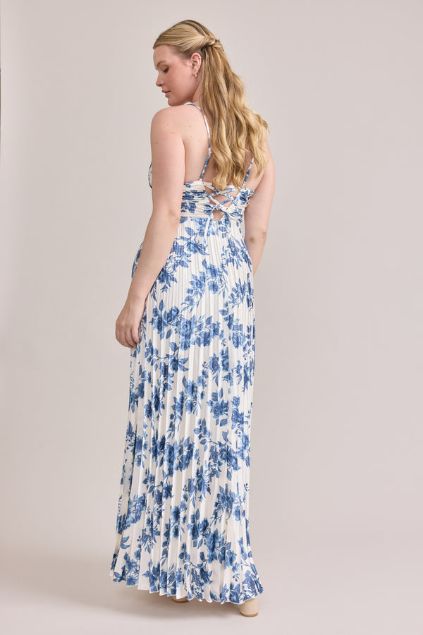 Revelry Vivian Satin Pleated Floral Print Dress