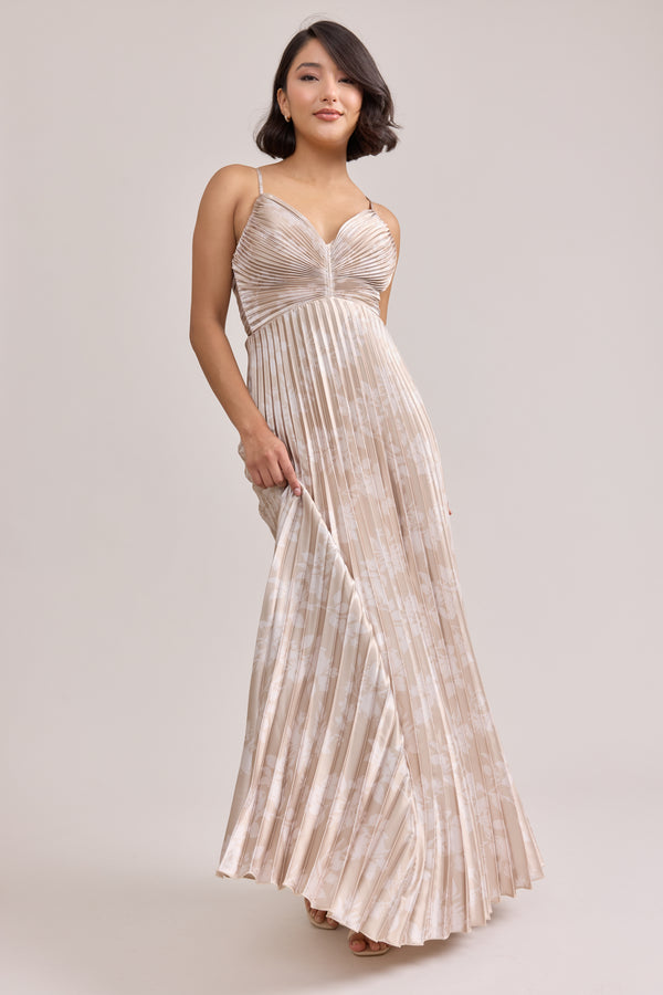 Revelry Vivian Satin Pleated Floral Print Dress