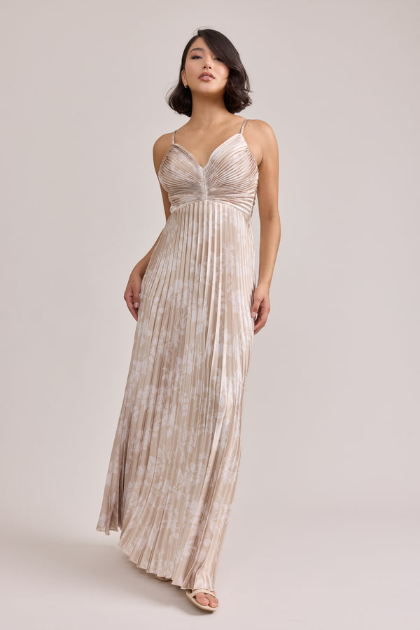 Revelry Vivian Satin Pleated Floral Print Dress