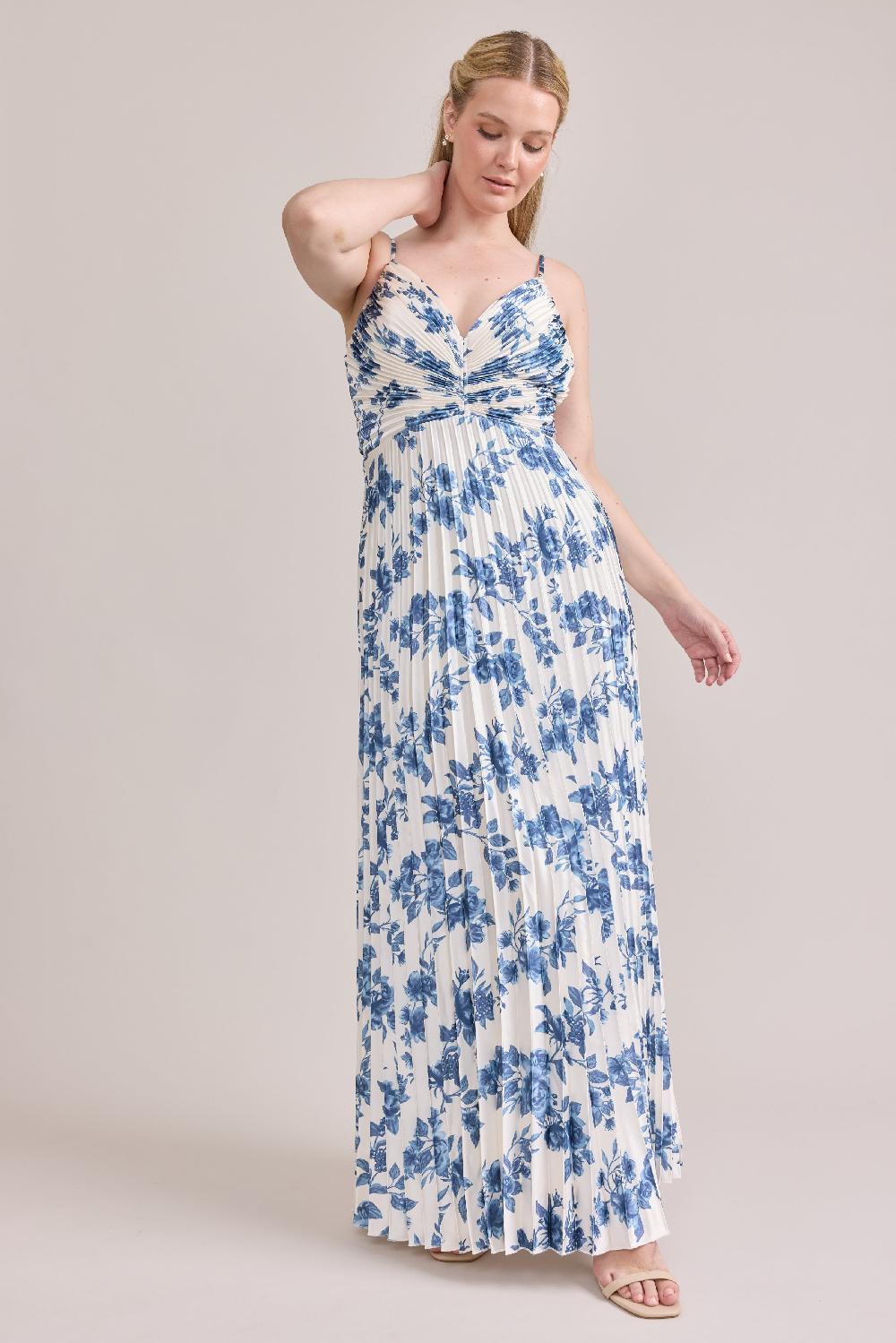 revelry Vivian Satin Pleated Floral Print Dress