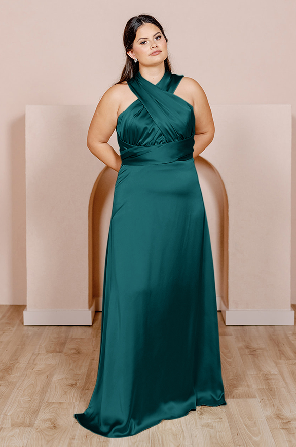 revelry Sample Classic Emerald Devan Convertible Satin Dress