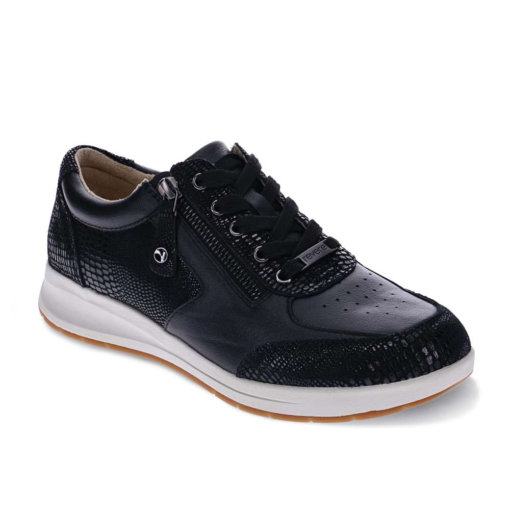 revere comfort shoes Boston Zip Sneaker - Black/Black Lizard Perf