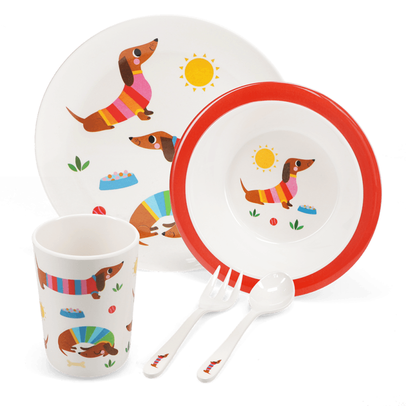 Rex London Children's Melamine Dinner Set (5 Pieces) - Sunny Sausage Dog