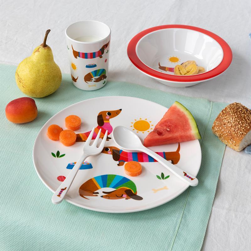 rex london Children's melamine dinner set (5 pieces) - Sunny Sausage Dog