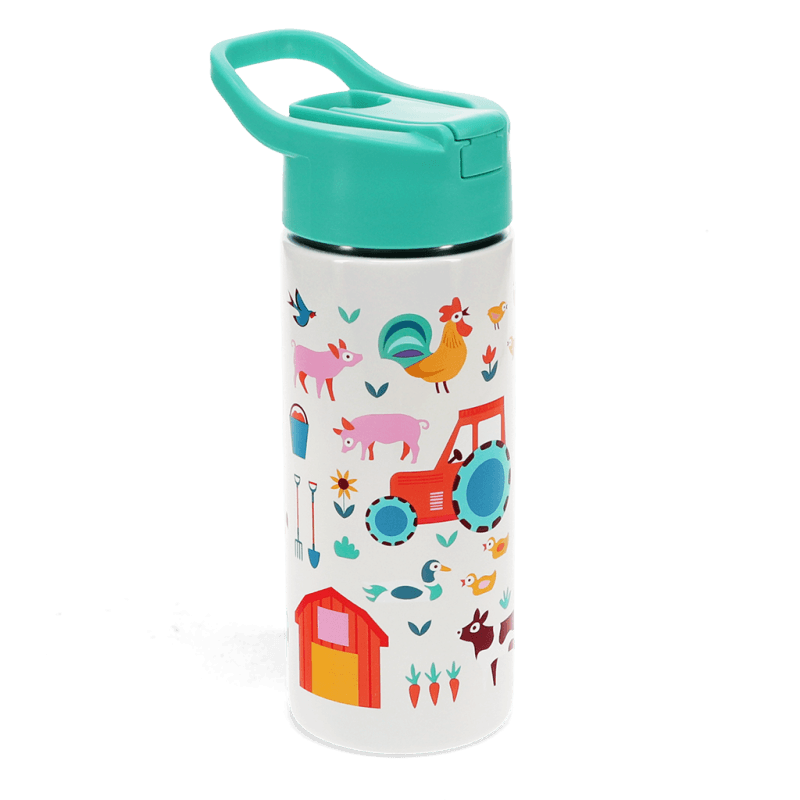 Rex London Children's Water Bottle - Farmyard (stainless Steel With Straw 500ml)