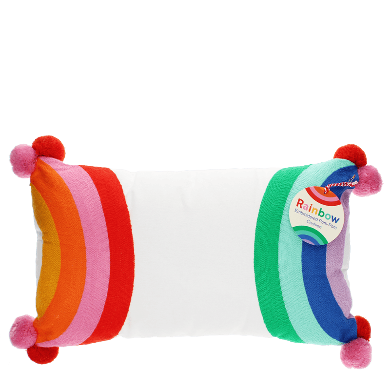 Rex London Embroidered Cushion With Pom Poms - Rainbow