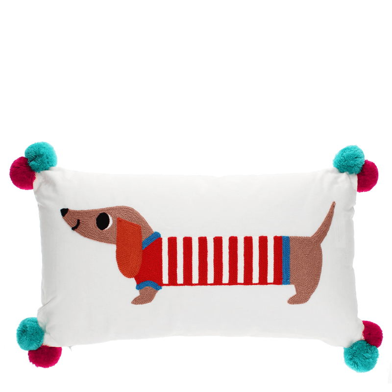 Rex London Embroidered Cushion With Pom Poms - Sausage Dog