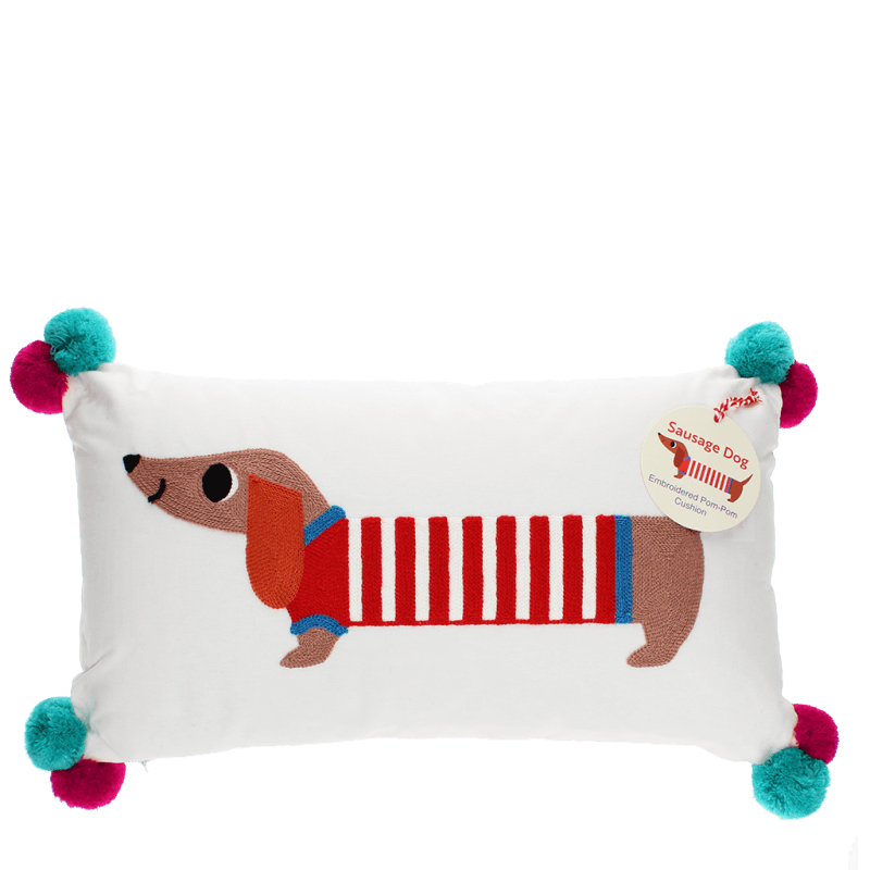Rex London Embroidered Cushion With Pom Poms - Sausage Dog