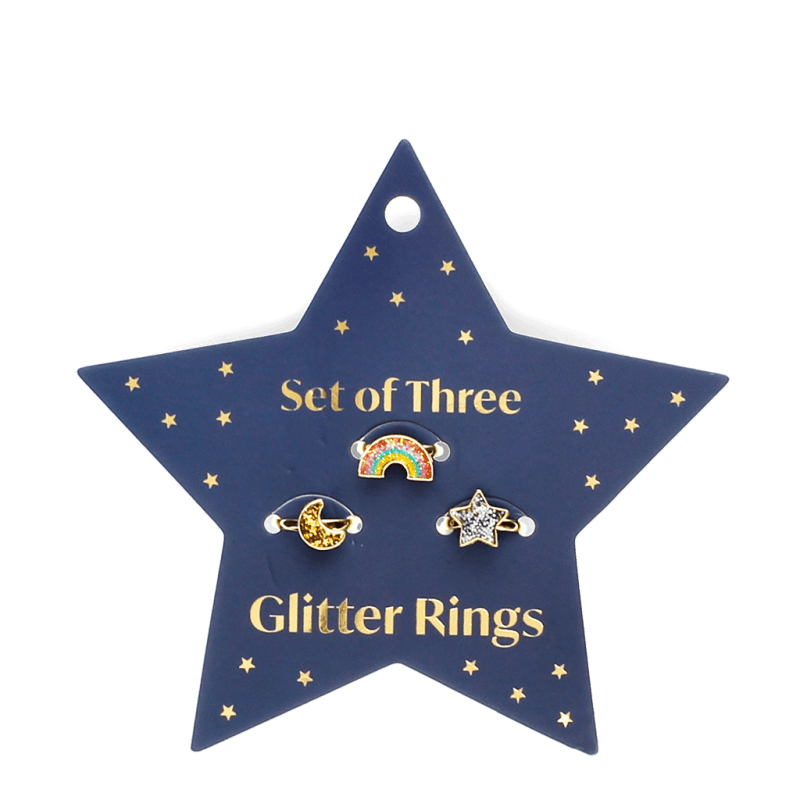 Rex London Glitter Rings (set Of 3) - Star Rainbow & Moon