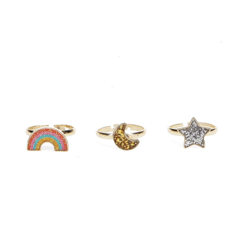 Rex London Glitter Rings (set Of 3) - Star Rainbow & Moon