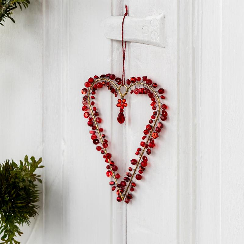 rex london Handmade beaded heart decoration (9x12cm) - Red