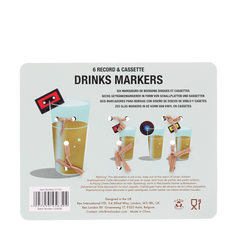 Rex London Music Drinks Markers (set Of 6) - Record And Cassette