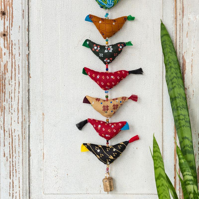 rex london Recycled cloth hanging decoration (1m) - 16 birds & bell (assorted colours)