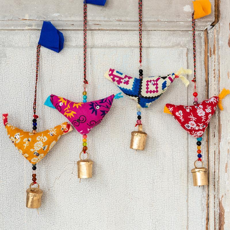 rex london Recycled cloth hanging decoration - Bird with bell (assorted colours)