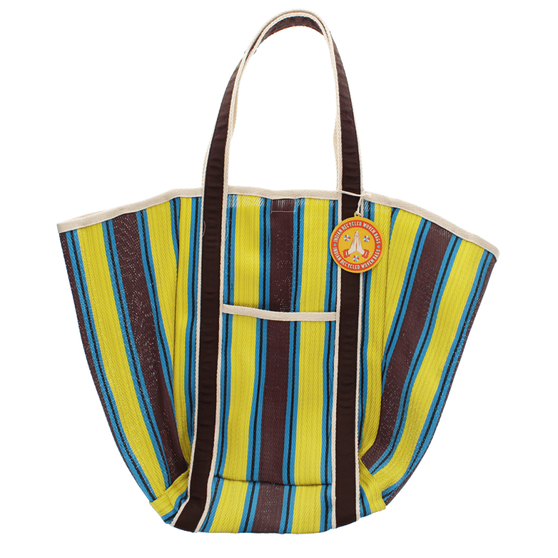 Rex London Recycled Woven Tote Bag With Canvas Handles - Brown Yellow Teal