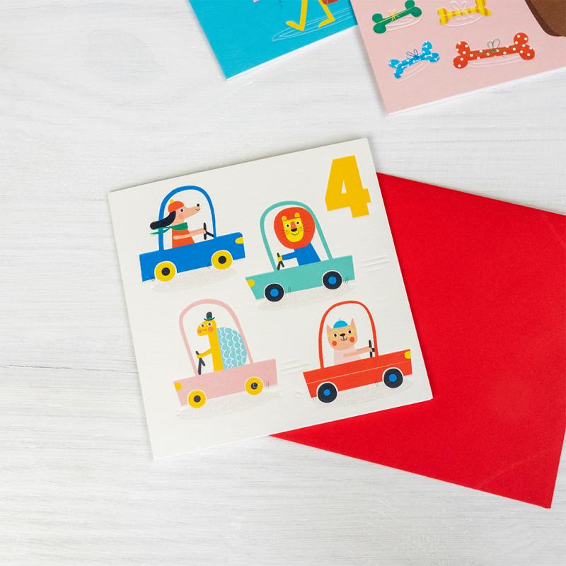 rex london Birthday card - Driving animals FOUR