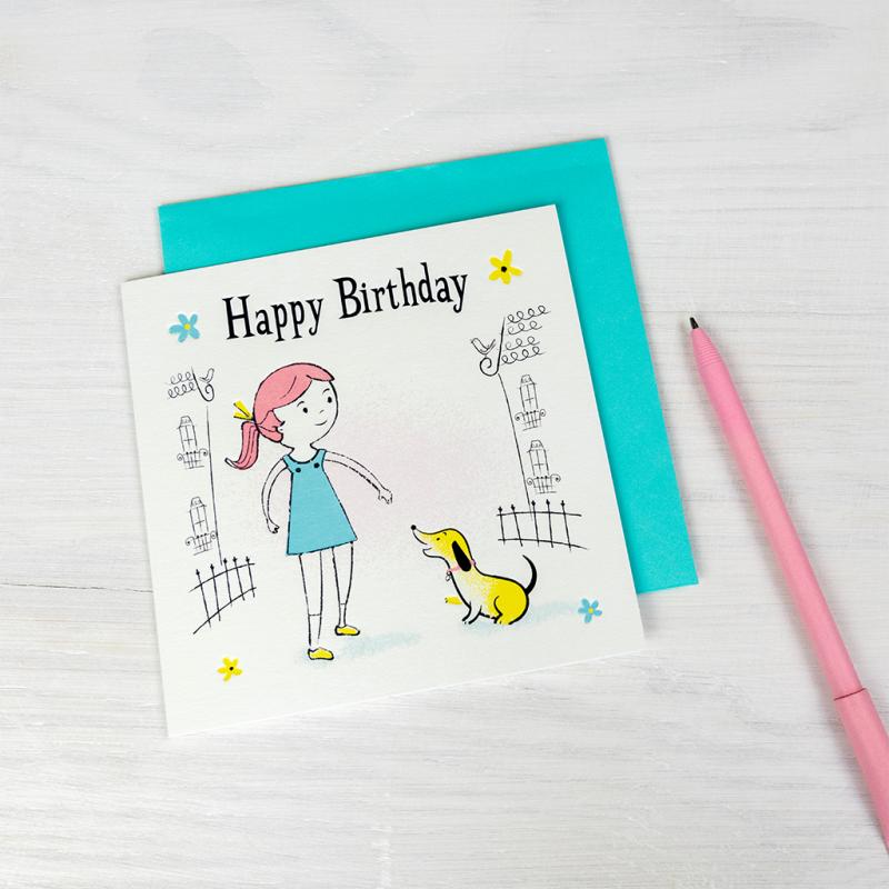 rex london Birthday card - Girl with dog