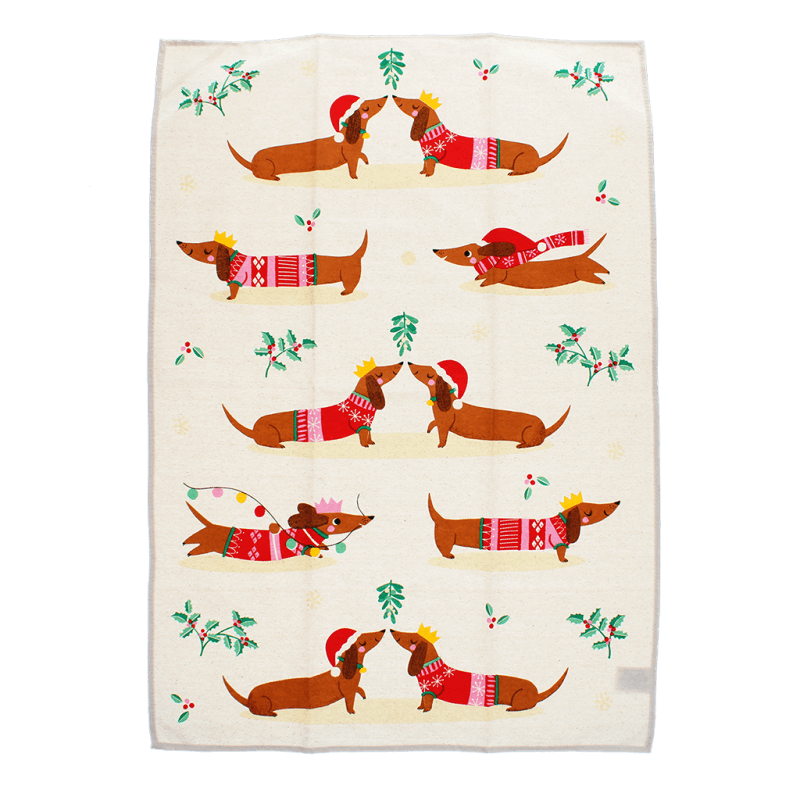 Rex London Cotton Tea Towel - Festive Sausage Dog