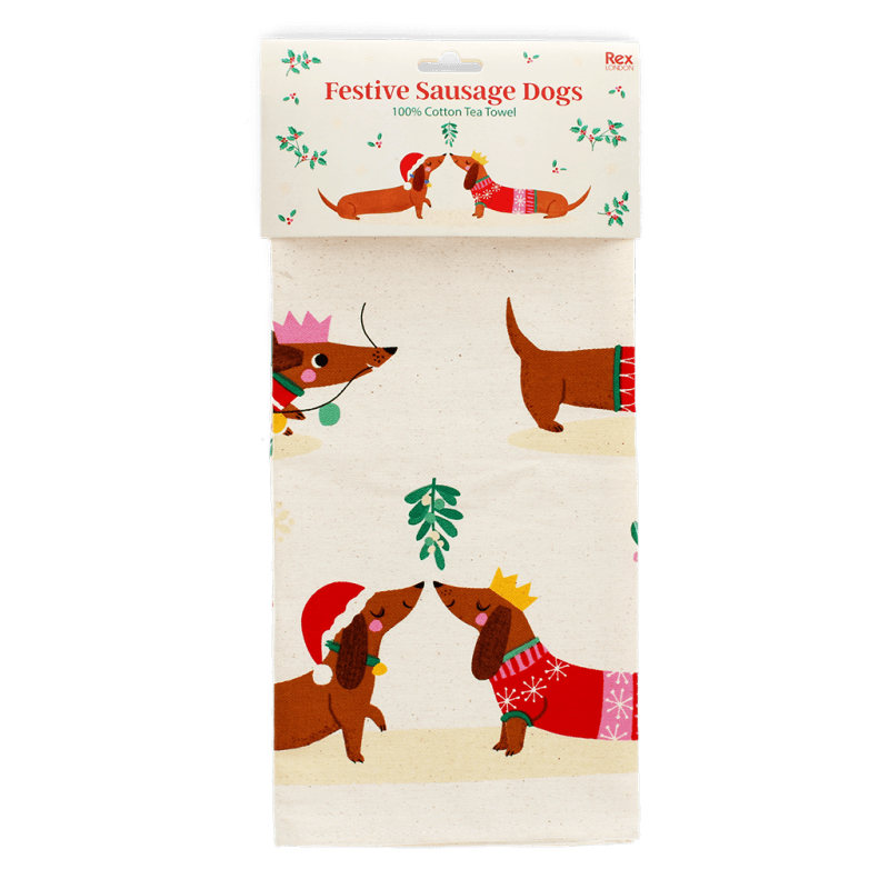 Rex London Cotton Tea Towel - Festive Sausage Dog