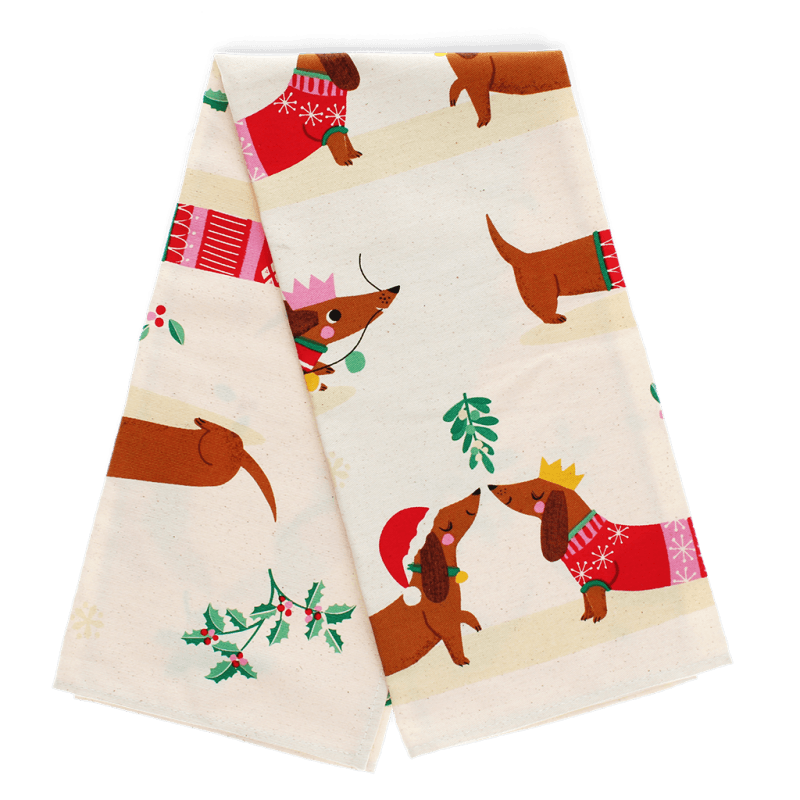 Rex London Cotton Tea Towel - Festive Sausage Dog