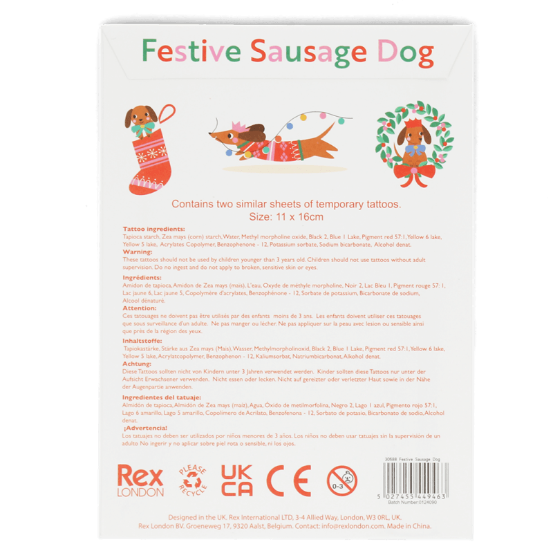 Rex London Temporary Tattoos - Festive Sausage Dog
