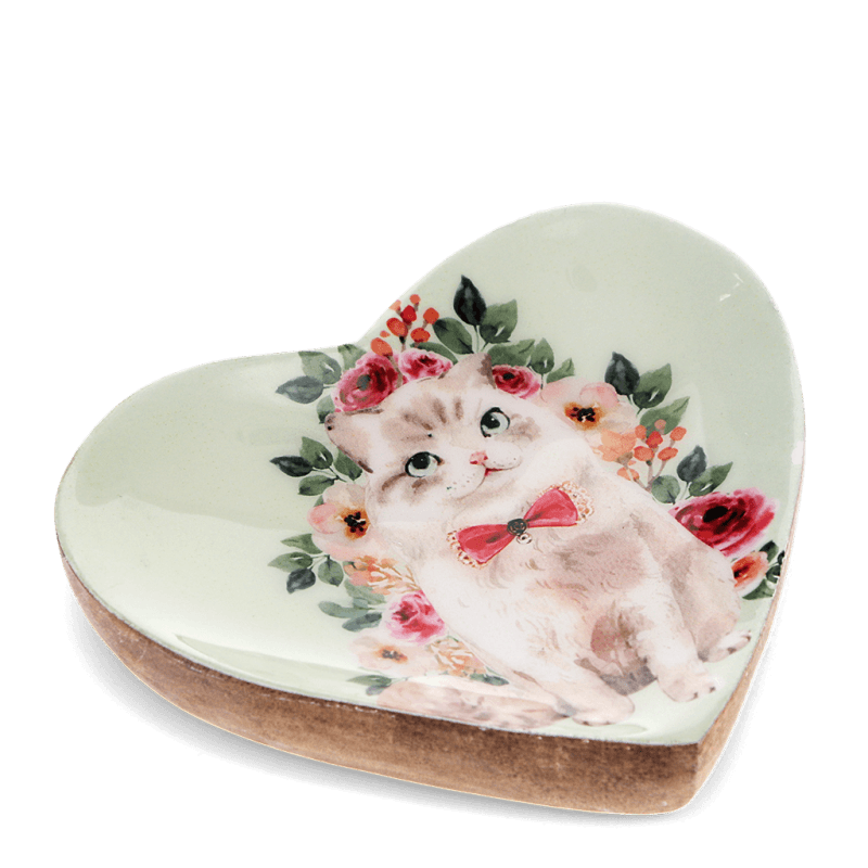 Rex London Wooden Heart-shaped Trinket Dish - Cat