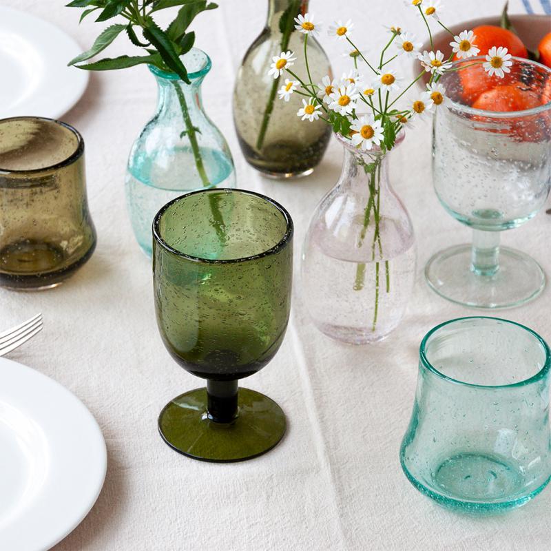 Rex London Stemmed Hand Blown Bubble Glass 350ml - Olive Green