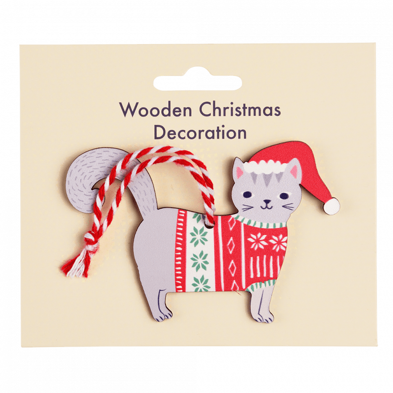 Rex London Wooden Hanging Christmas Decoration - Grey Cat