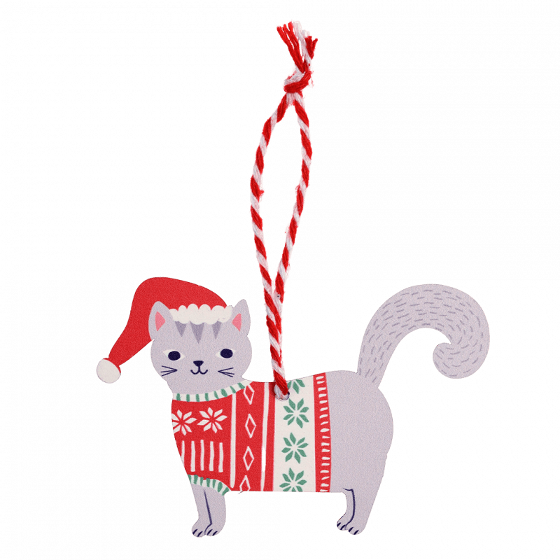 Rex London Wooden Hanging Christmas Decoration - Grey Cat