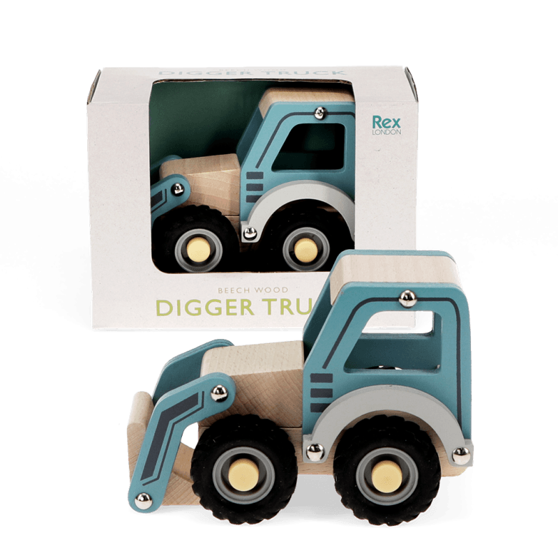 Rex London Wooden Push Along Vehicle Toy - Digger Truck (blue)