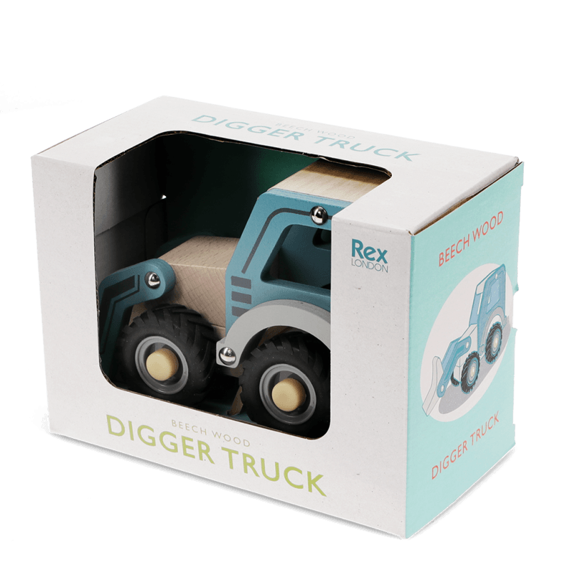 Rex London Wooden Push Along Vehicle Toy - Digger Truck (blue)