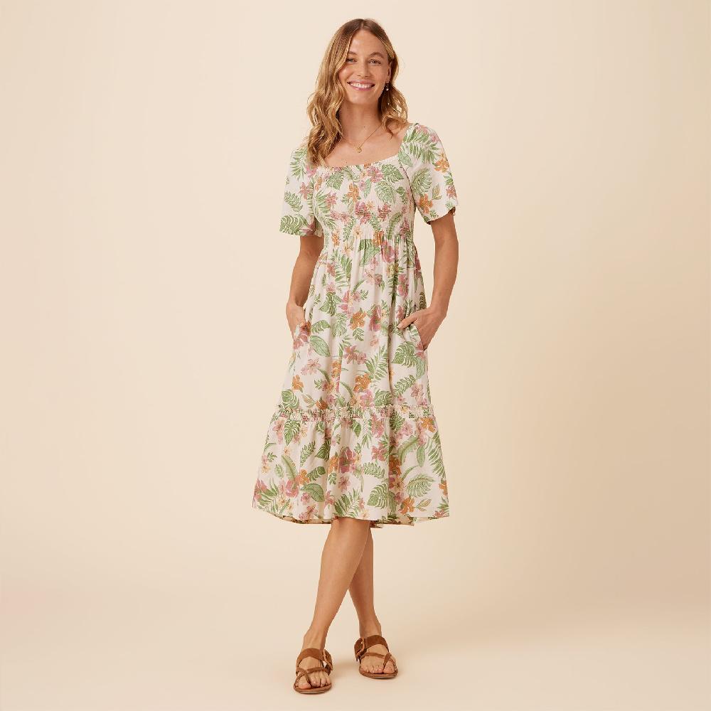 reyn spooner HANALEI GARDENS SMOCKED MIDI DRESS
