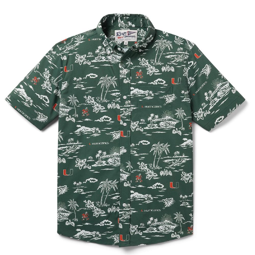 reyn spooner UNIVERSITY OF MIAMI KEKAI PERFORMANCE BUTTON FRONT