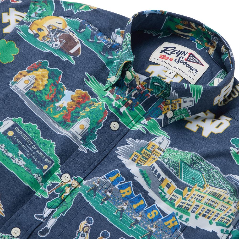 Reyn Spooner UNIVERSITY OF NOTRE DAME SCENIC PERFORMANCE BUTTON FRONT