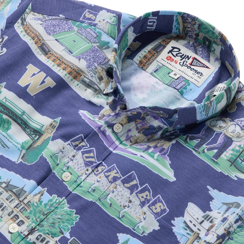 Reyn Spooner UNIVERSITY OF WASHINGTON SCENIC PERFORMANCE BUTTON FRONT