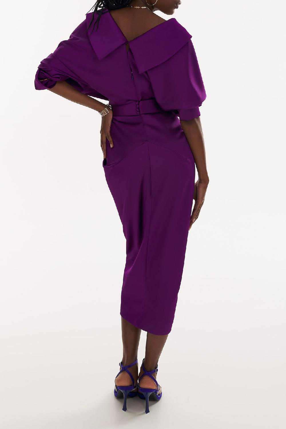 Rhea Costa Angelina Satin Midi Dress In Royal-Purple