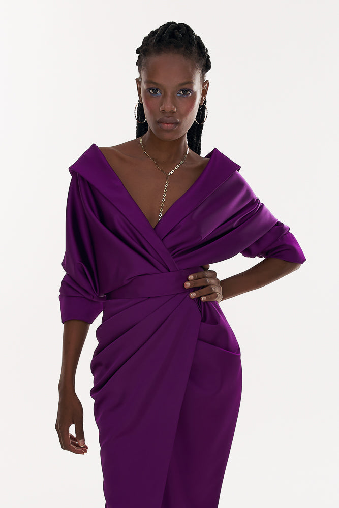 Rhea Costa Angelina Satin Midi Dress In Royal-Purple
